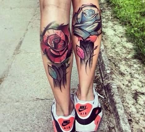 Simple Watercolor Two Rose Tattoo On Both Leg Calf