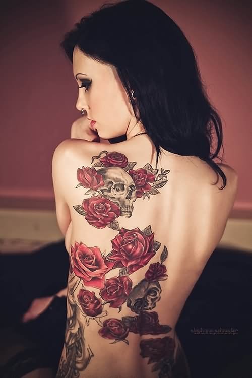 Skull With Roses Tattoo On Women Full Back