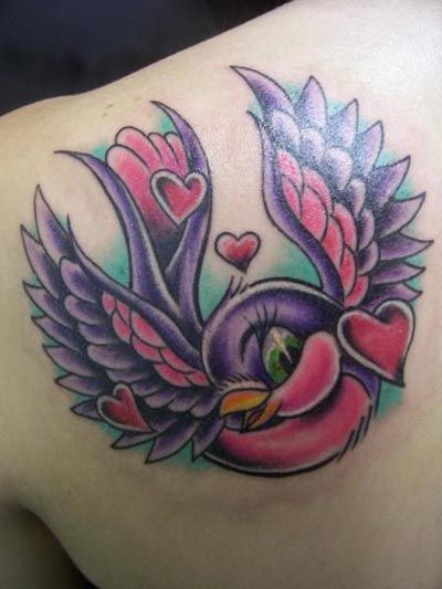 Small Hearts And Sparrow Tattoo On Left Back Shoulder