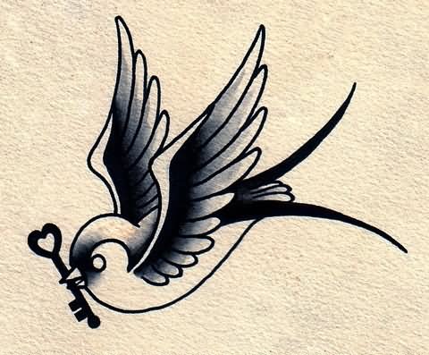 Sparrow Flying With Key In Beak Tattoo Design