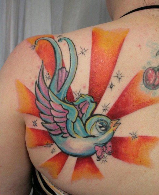 Sparrow Tattoo On Girl Left Back Shoulder