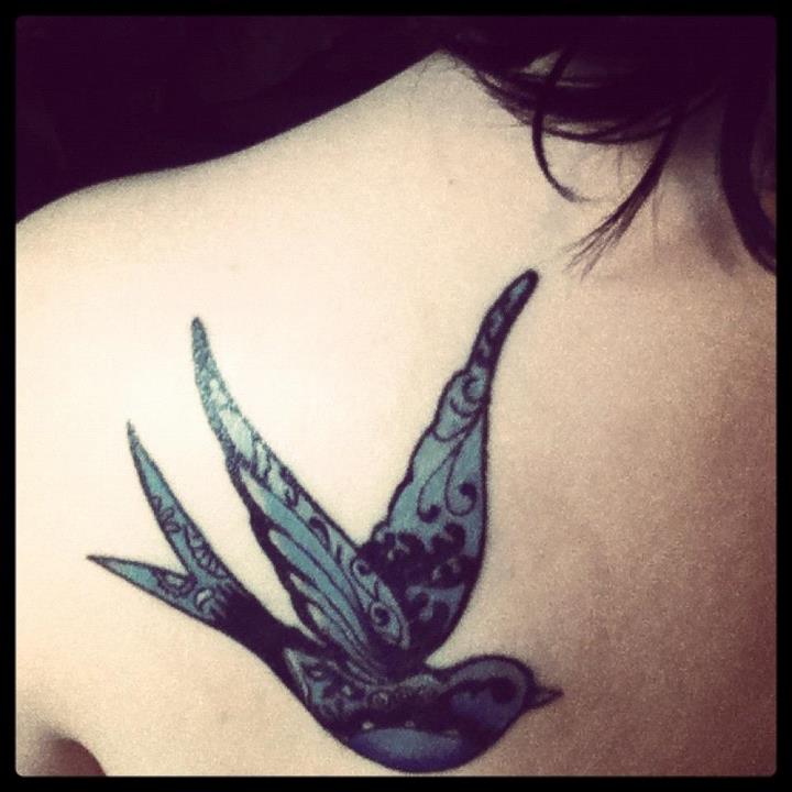Sparrow Tattoo On Left Back Shoulder