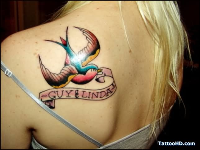 Sparrow With Banner In Beak Tattoo On Back Shoulder