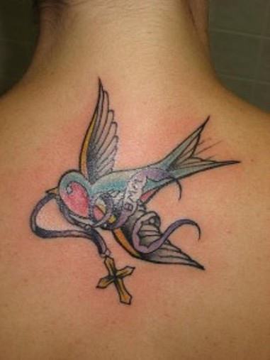 Sparrow With Cross Tattoo On Upper Back