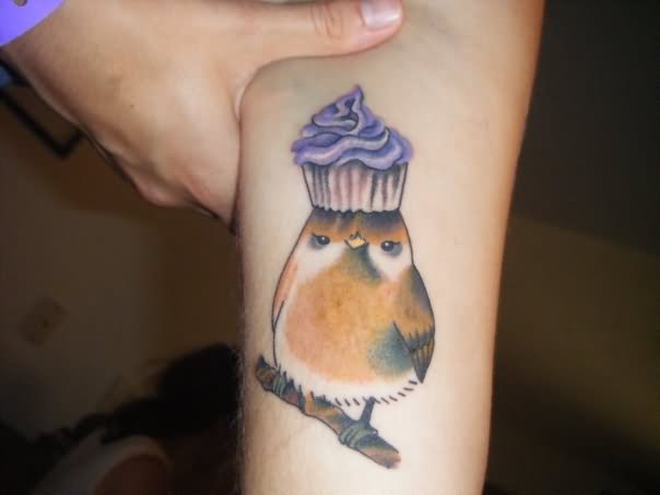 Sparrow With Cupcake On Head Tattoo