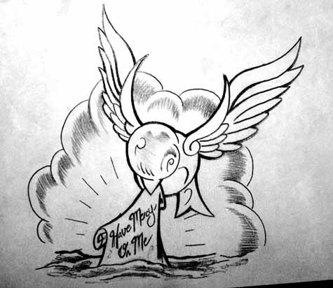 Sparrow With Have Mercy On Me Banner Tattoo Design