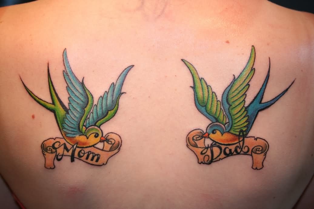 Sparrows With Mom And Dad Banner Tattoos On Back