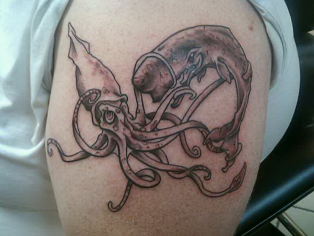 Sperm Fish And Squid Tattoo On Left Arm