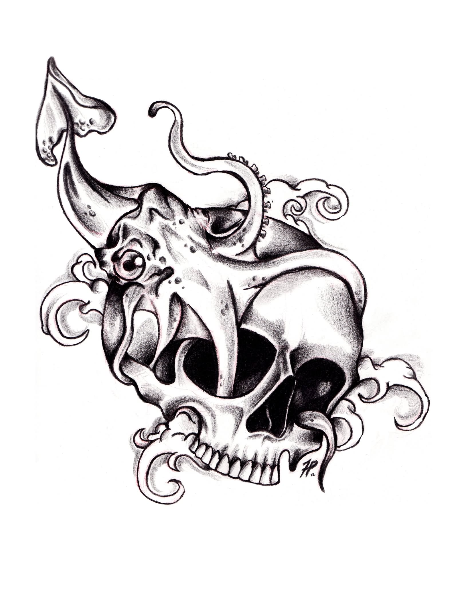 Squid And Skull Black And White Tattoo Design