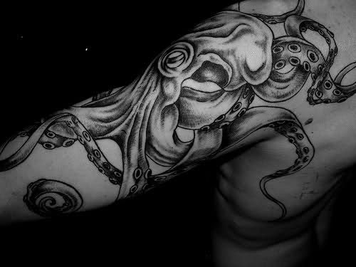 Squid Black And White Tattoo On Right Half Sleeve