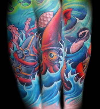 Squid In Sea Tattoo Design