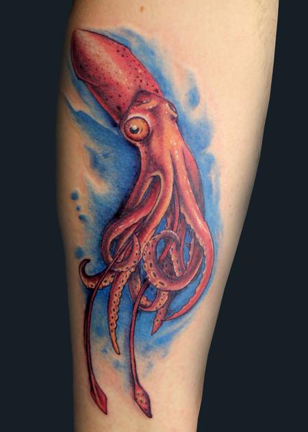 Squid In Water Tattoo On Arm