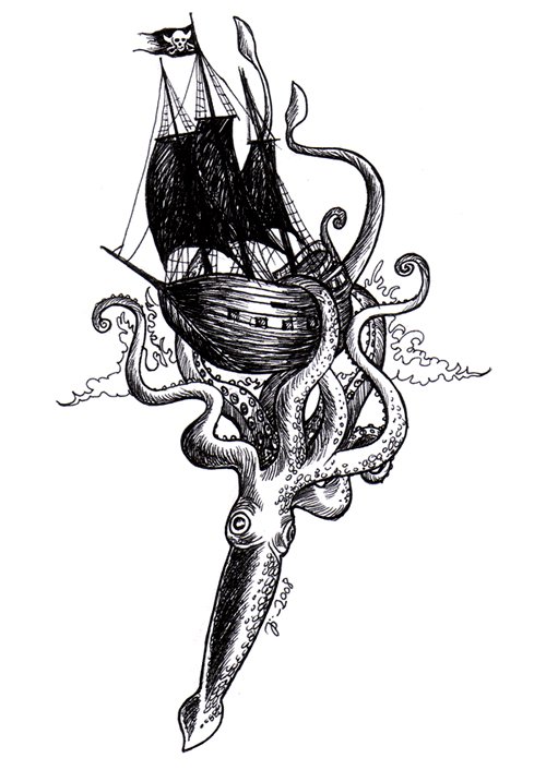 Squid Pulling Ship Black And White Tattoo Design