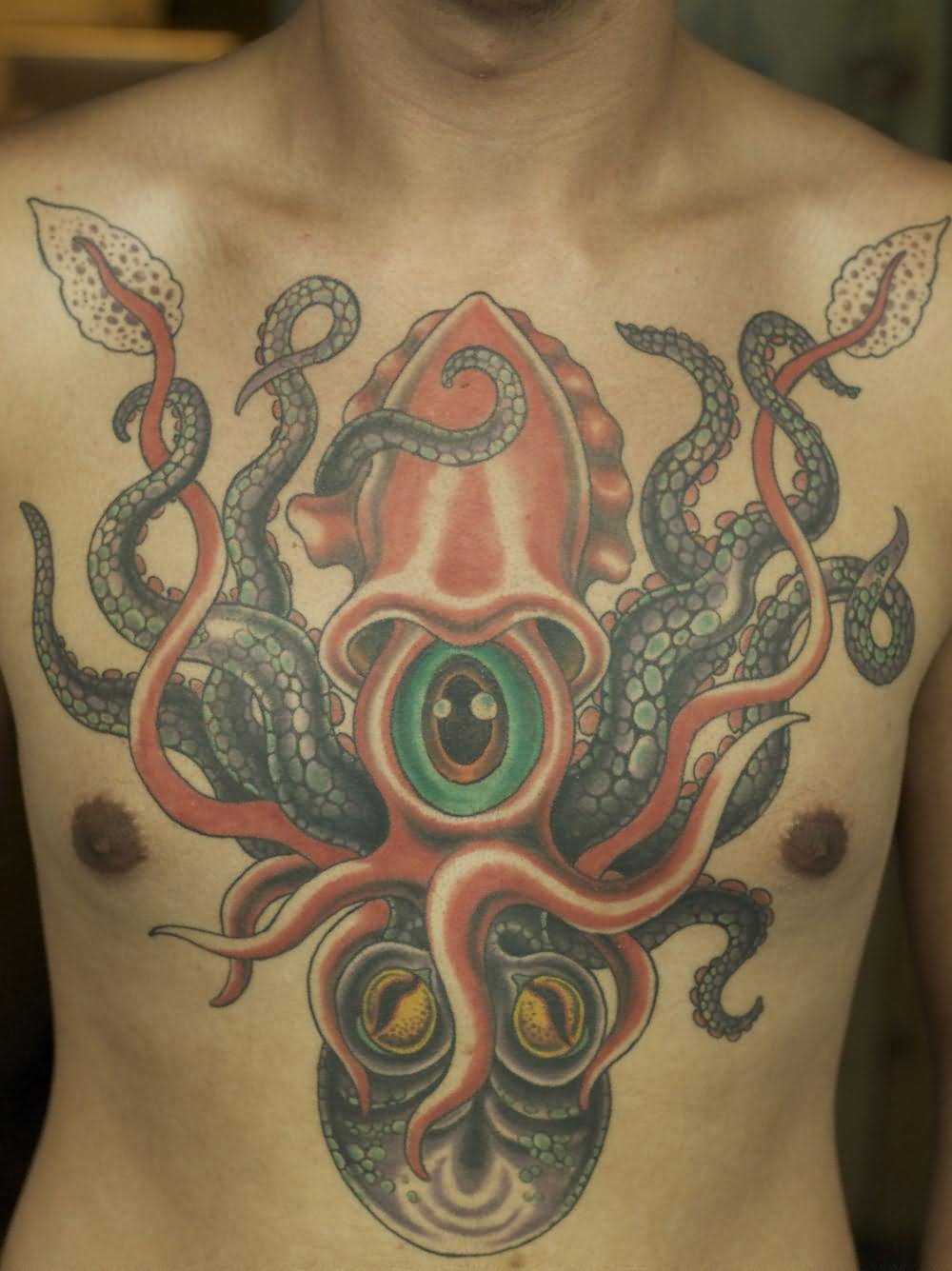 Squid Tattoo On Chest For Men