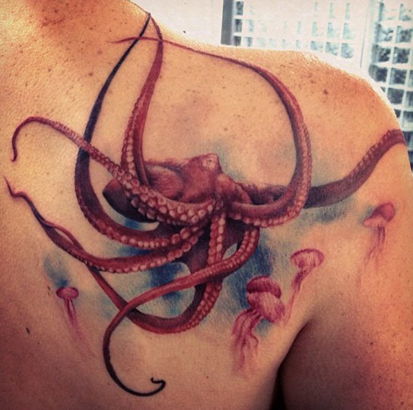 Squid Tattoo On Right Back Shoulder