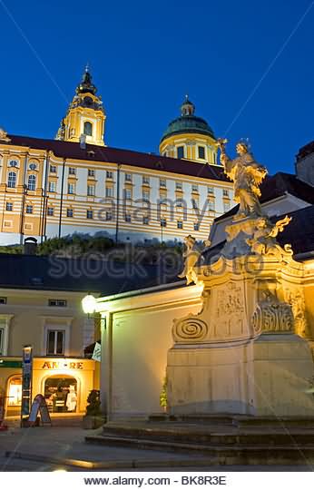 Statue At The Melk Abbey Lit Up During Night