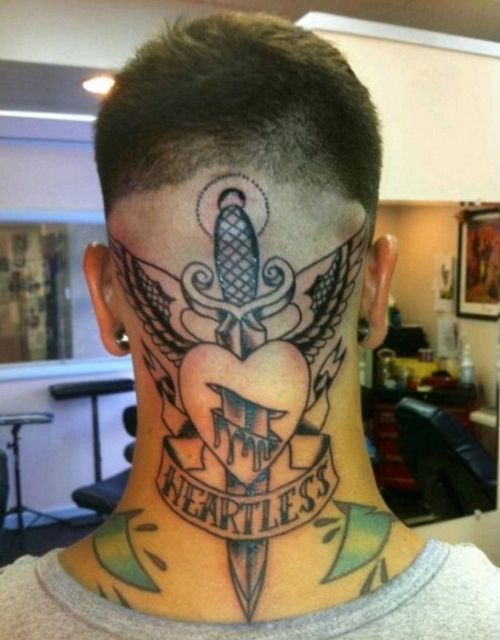 Sword In Heart With Wings And Banner Tattoo On Man Back Neck