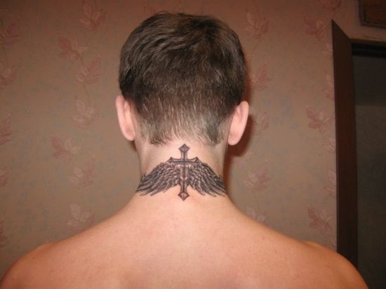Sword With Wings Tattoo On Man Back Neck