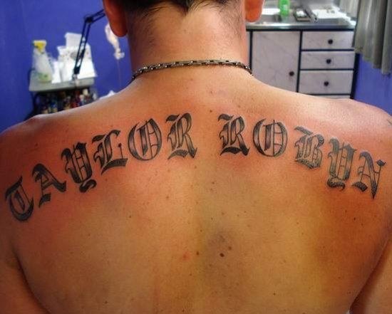 Tailor Robin Words Tattoo On Man Upper Back