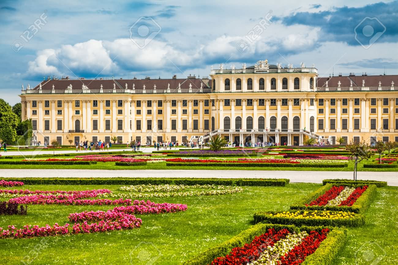 The Beautiful View Of Schonbrunn Palace With Great Partere Garden In Vienna, Austria