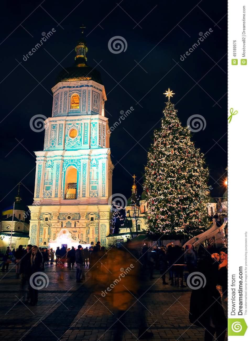 The Bell Tower Of Saint Sophia Cathedral And Christmas Tree At Night
