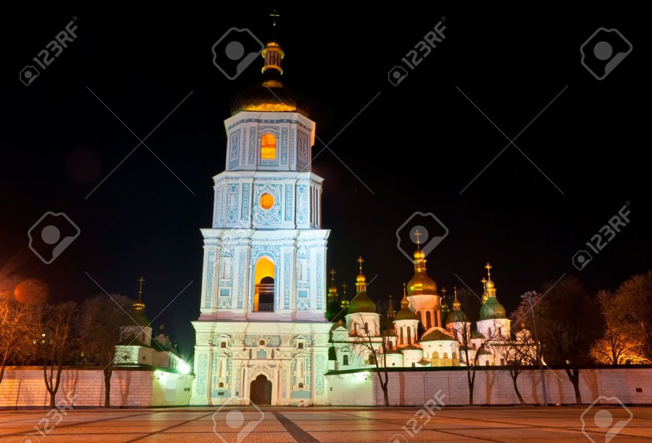 The Bell Tower Of Saint Sophia Cathedral Lit Up At Night