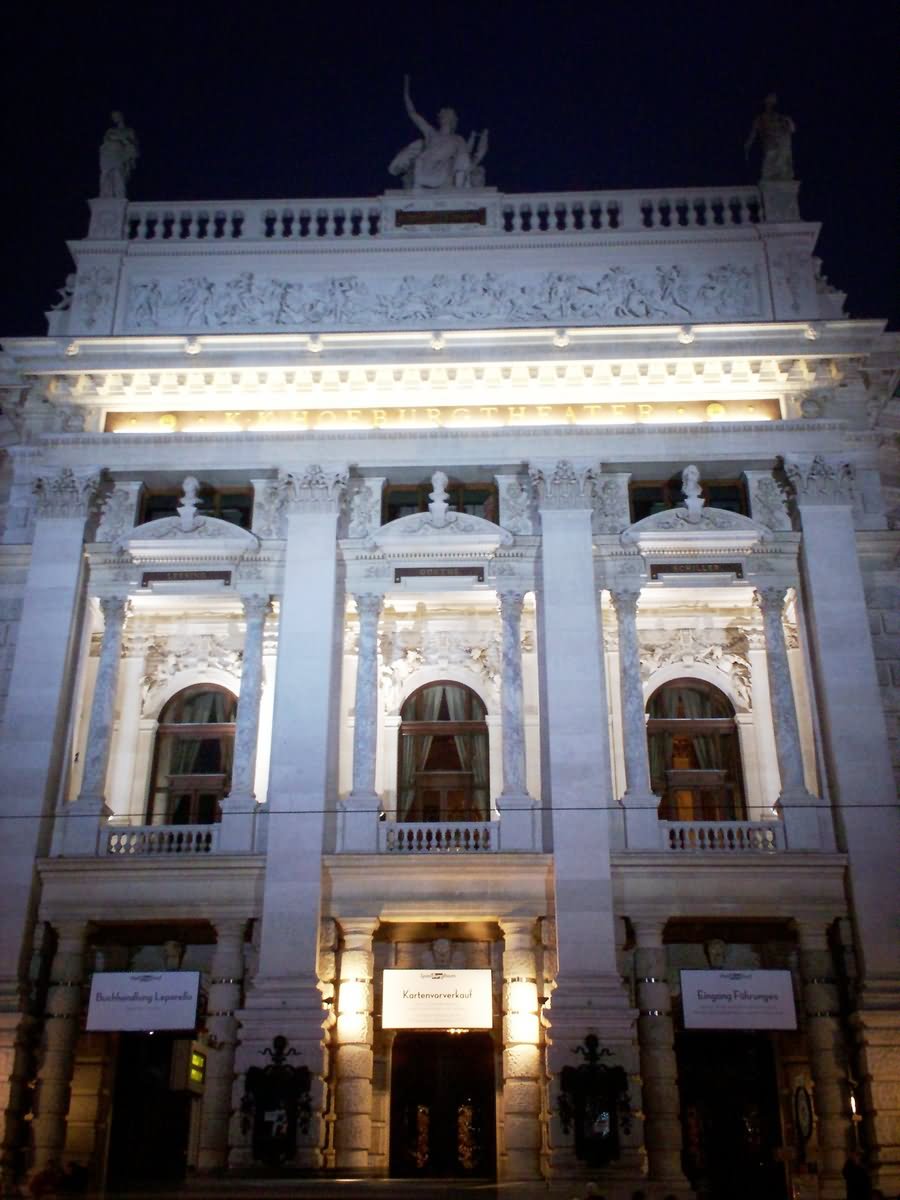 The Burgtheater In Vienna Front Facade At Night