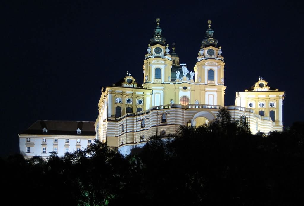 The Melk Abbey Lit Up At Night
