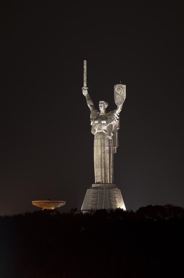 The Mother Motherland Statue In Kiev Lit Up At Night