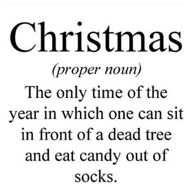 The Only Time Of The Year In Which One Can Sit In Front Of A Dead Tree And Eat Candy Out Of Socks Funny Christmas Definition Image