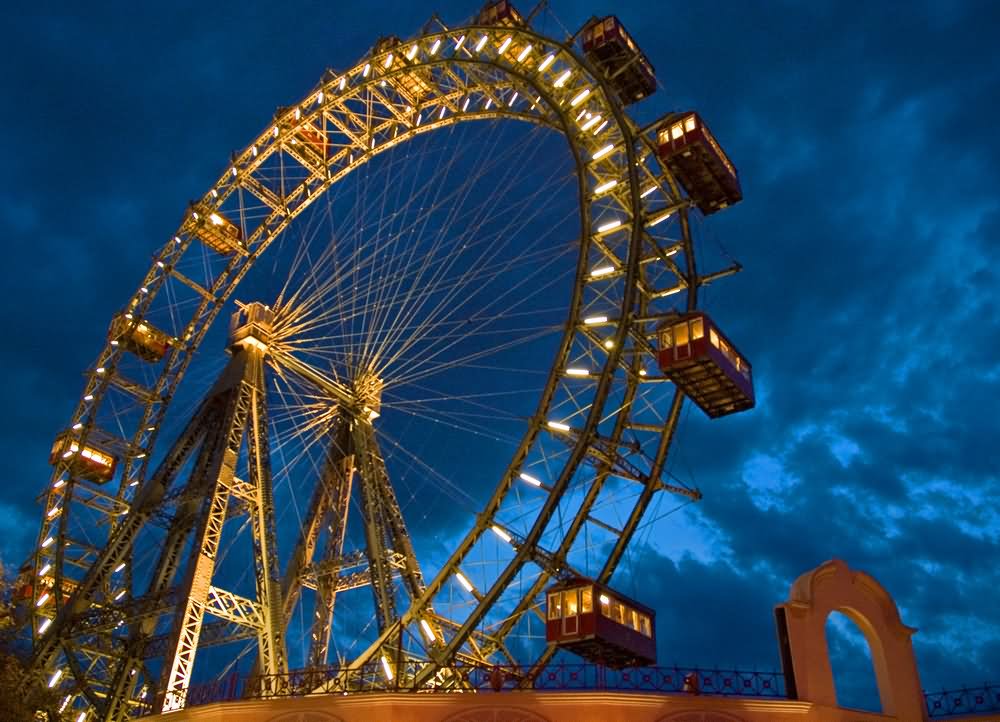 The Wiener Riesenrad Ferris Wheel Lit Up At Night