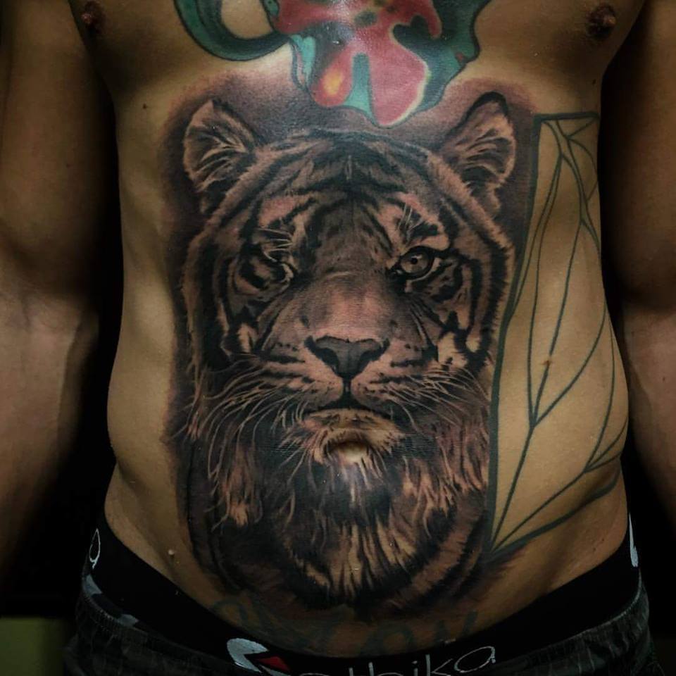 Tiger Head Tattoo On Belly by AB Martinez
