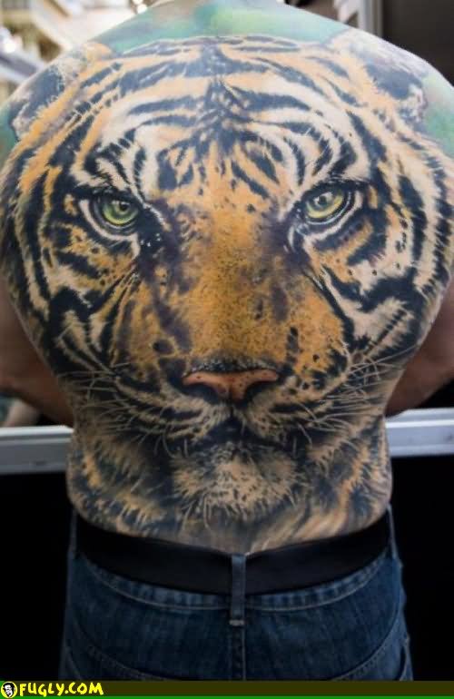 Tiger Head Tattoo On Full Back