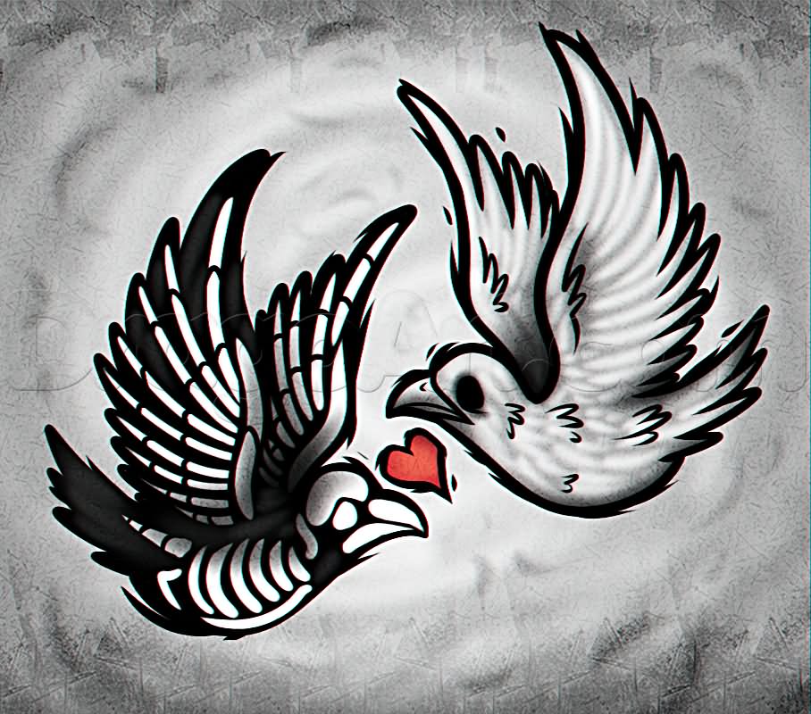 Tiny Heart And Sparrow Tattoo Design