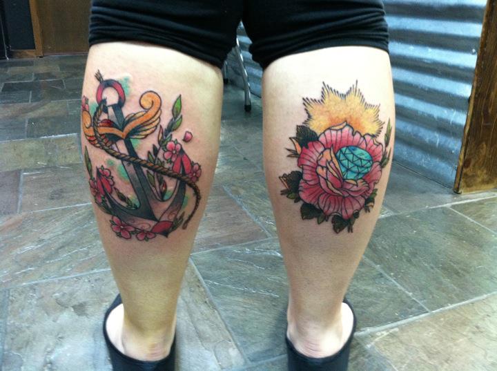 Traditional Anchor And Flower Tattoo On Both Leg Calf