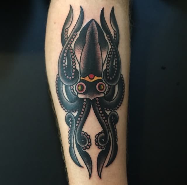 Traditional Black Squid Tattoo On Leg