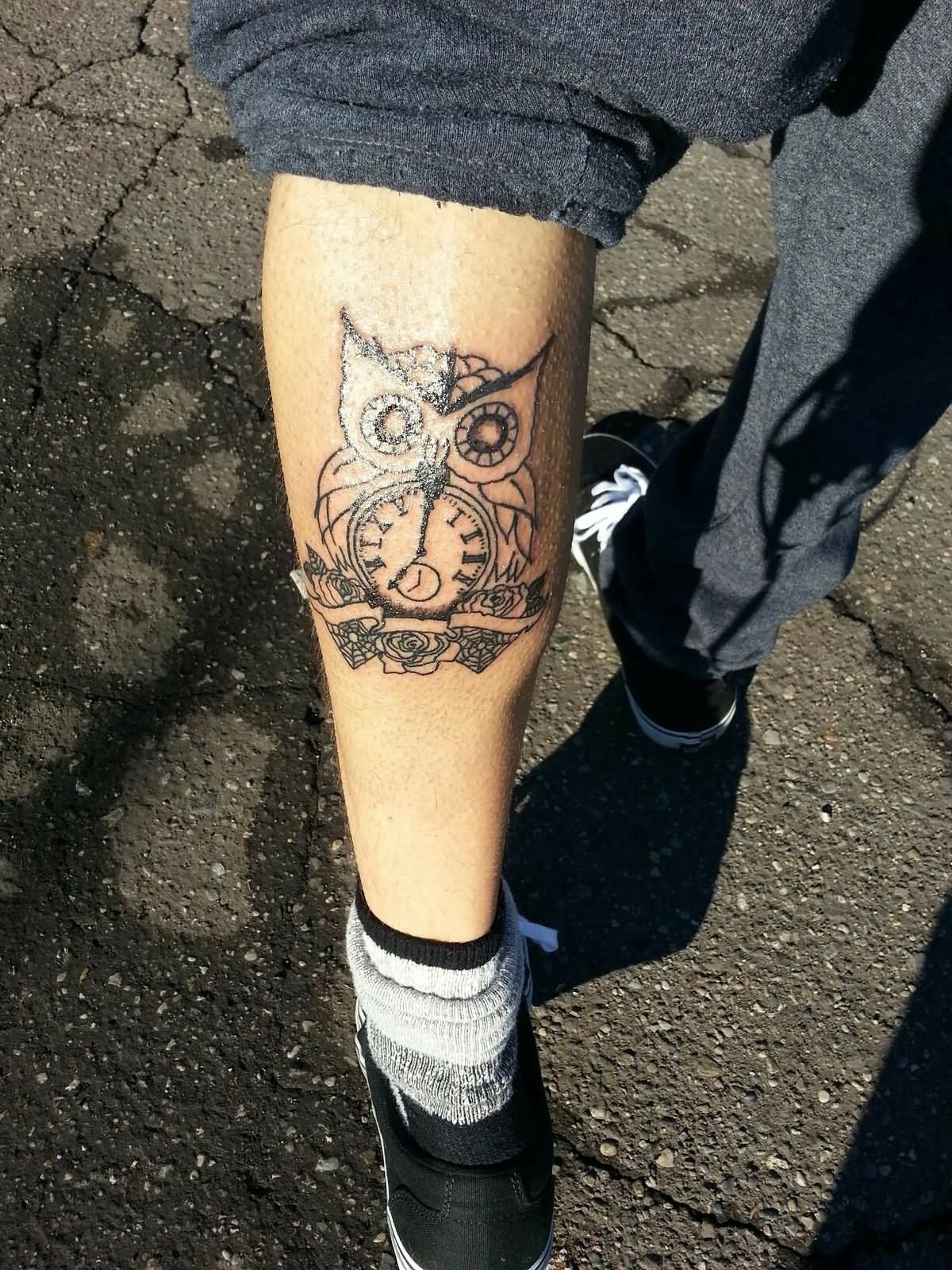 Traditional Clock With Owl And Roses Tattoo On Left Leg Calf