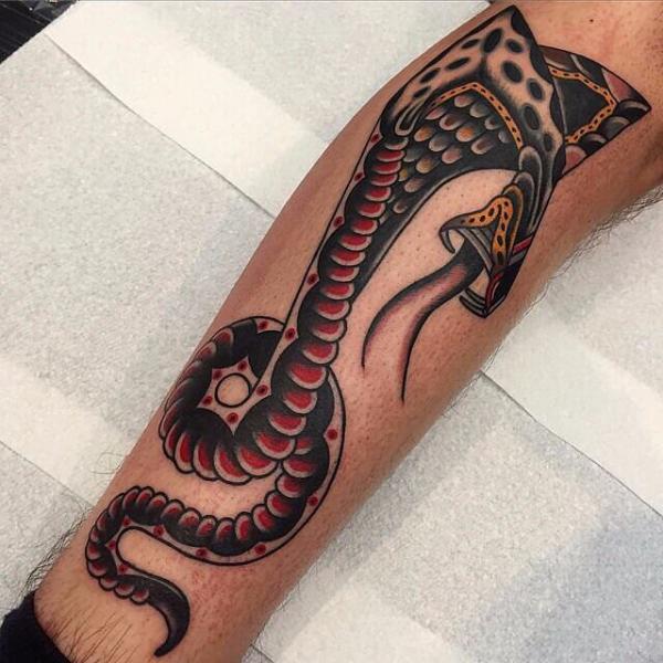 Traditional Cobra Snake Tattoo Design For Leg Calf