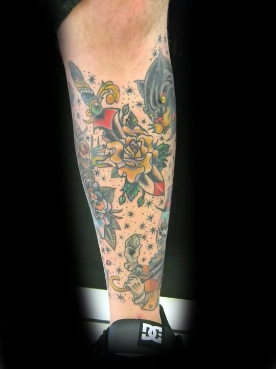 Traditional Dagger In Rose Tattoo Design For Leg Calf