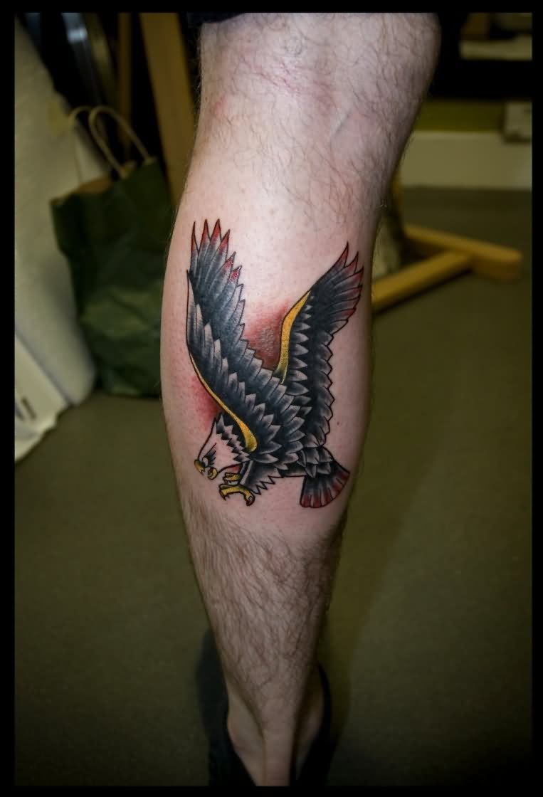 Traditional Eagle Tattoo On Left Leg Calf