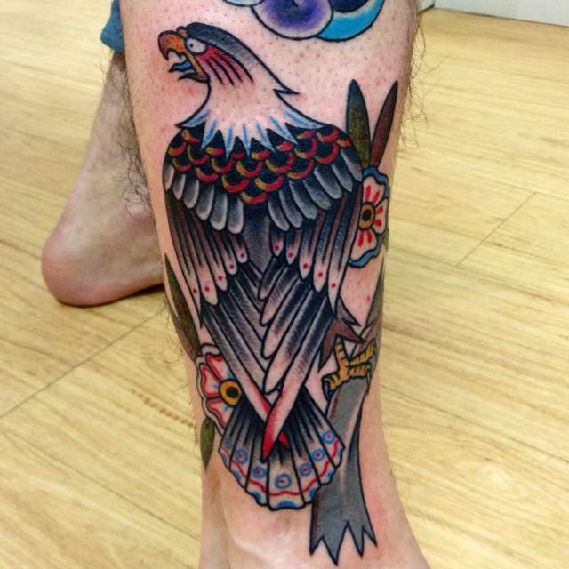 Traditional Eagle Tattoo On Right Leg Calf