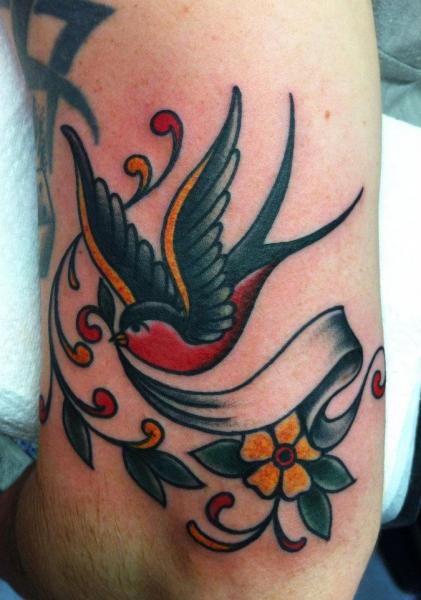 Traditional Flower And Sparrow Tattoo On Sleeve