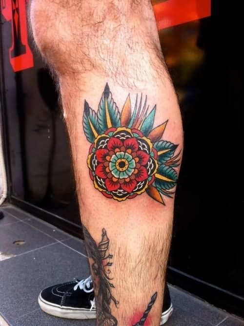 Traditional Flower Tattoo On Left Leg Calf By Gilda