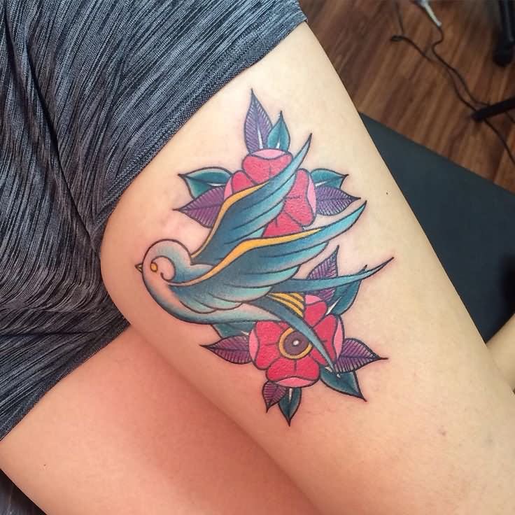Traditional Flowers And Sparrow Tattoo On Left Thigh