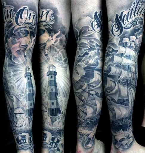 Traditional Grey Ink Ship And Lighthouse Tattoo Design For Leg Calf