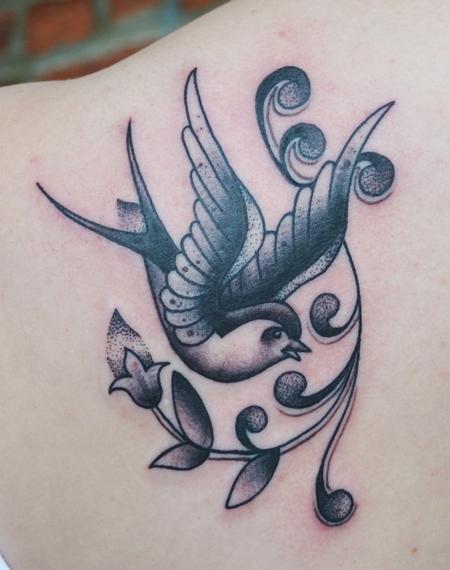 Traditional Grey Sparrow Tattoo On Left Back Shoulder