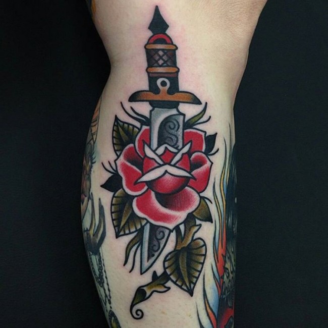Traditional Knife In Rose Tattoo Design For Leg Calf
