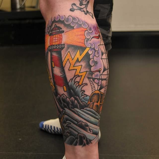 Traditional Lighthouse Tattoo On Left Leg Calf By Stand Pround