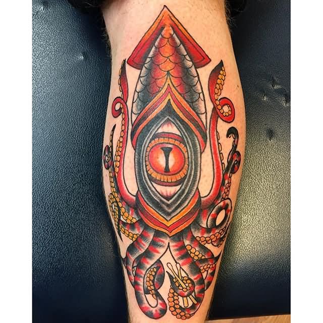 Traditional One Eye Squid Tattoo On Leg
