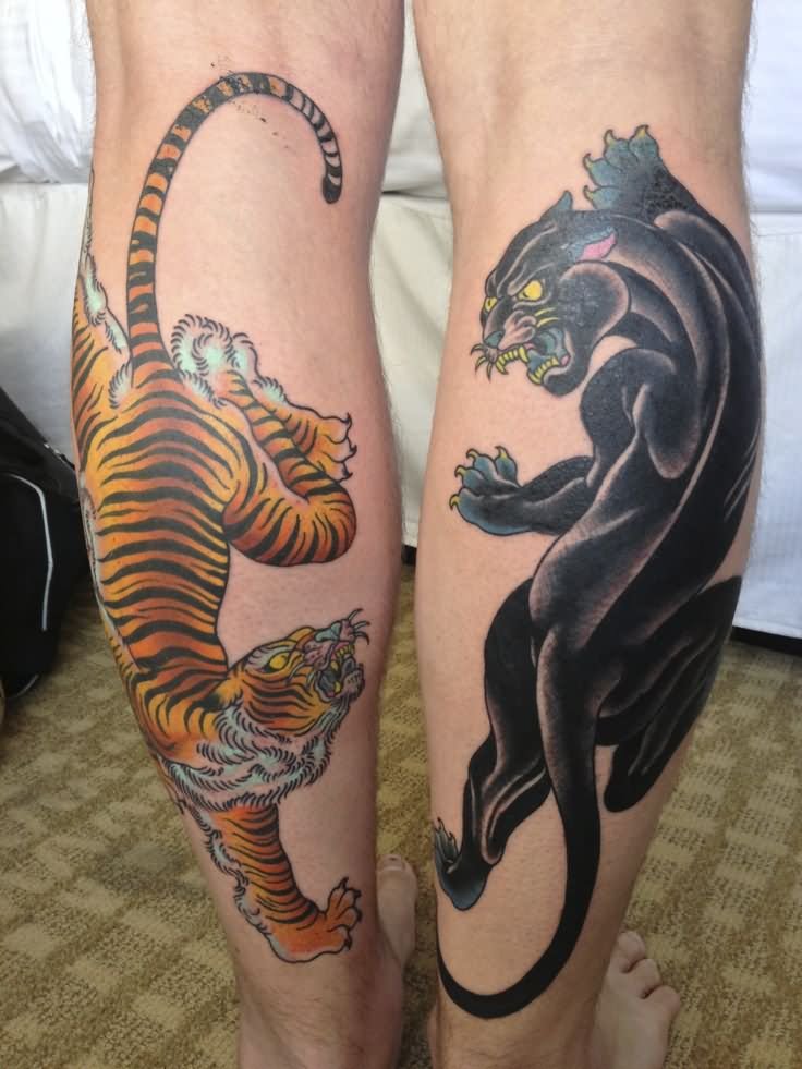 Traditional Panther And Tiger Tattoo On Both Leg Calf